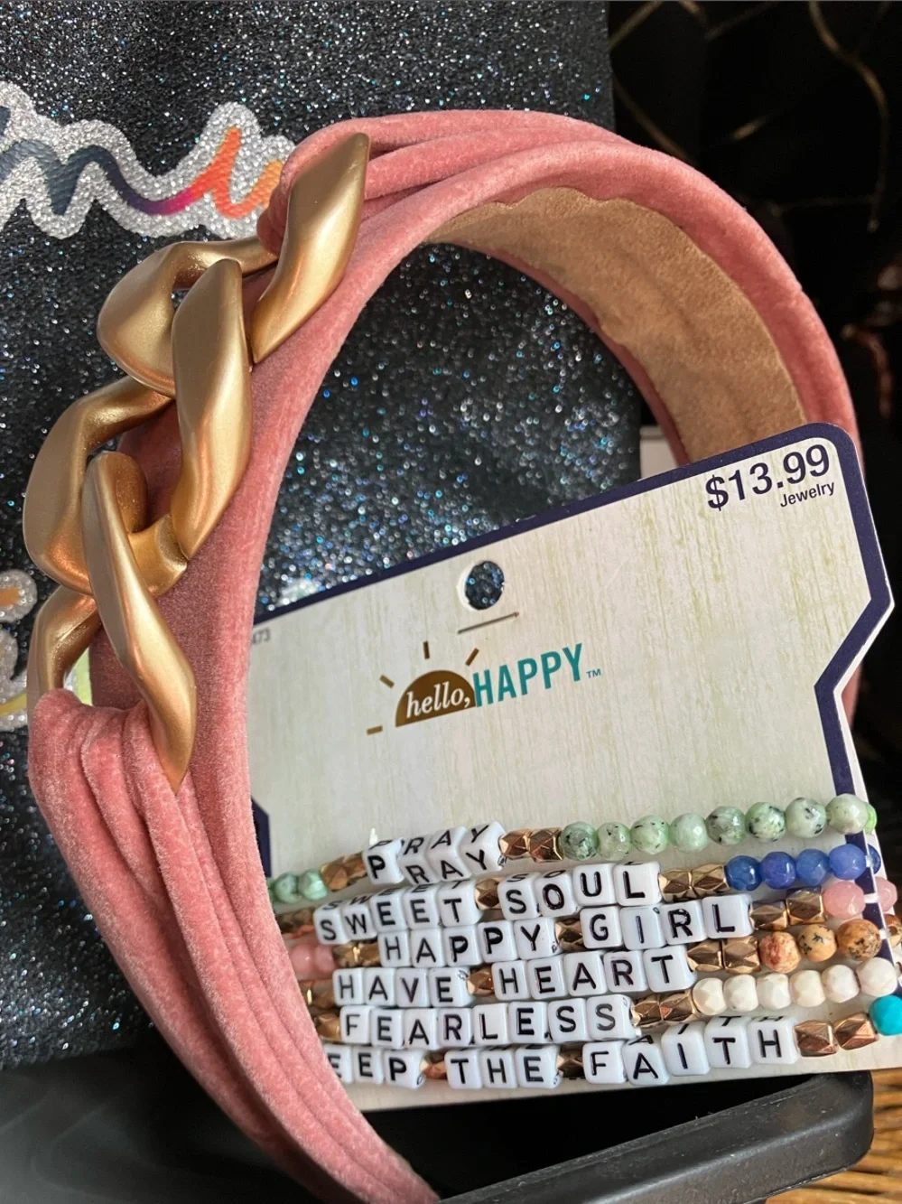 Glitter Black 'Living My Best Life' Cosmetic Pouch w/FREE- hair accessories&MORE